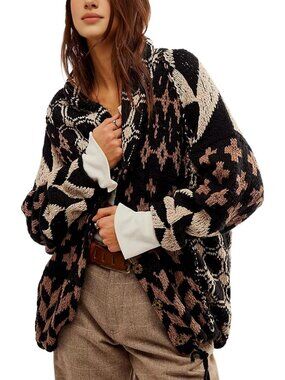 Oversized Y2K Graphic Knit Cardigan - Long Sleeve Button Down Sweater Coat